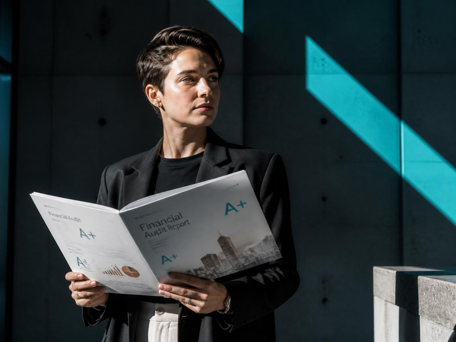 A founder reviewing a graded audit report in a brutalist, teal-lit space
